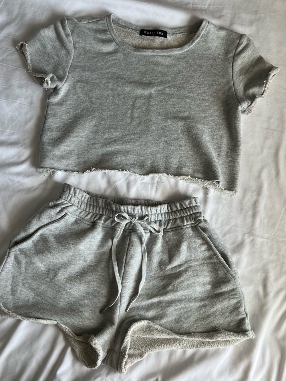 White Fox Boutique Gray Cropped Tee & Shorts Sweat Set
